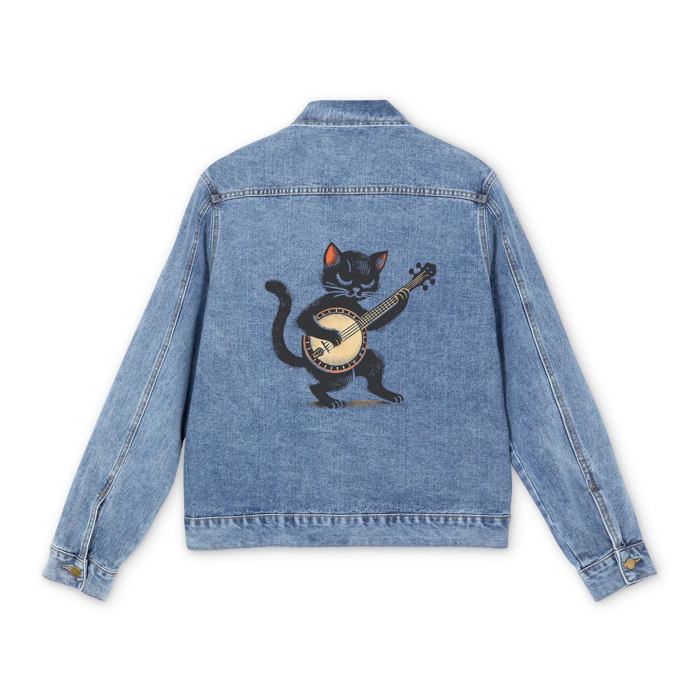 Banjo Cat - Men's Classic Denim Jacket - Relaxed Fit with Custom Graphic Design, Medium Wash