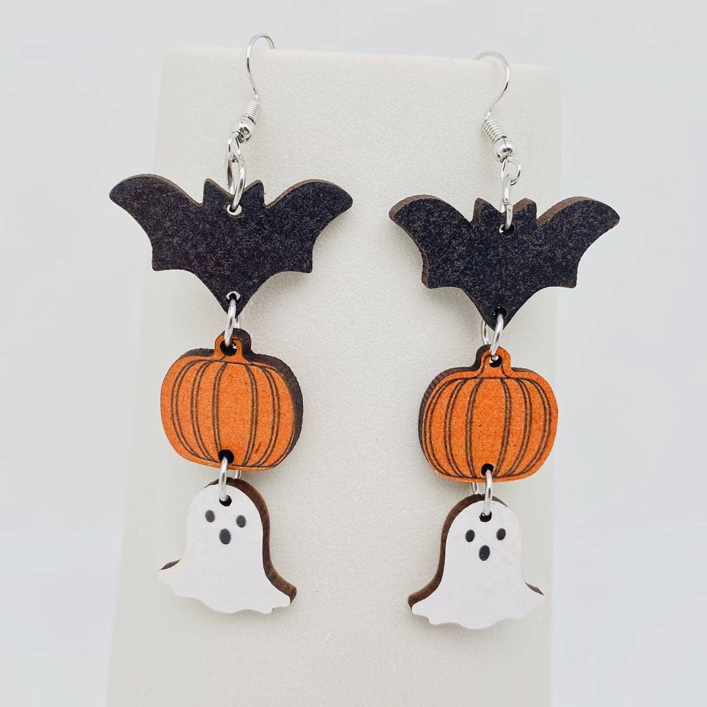 Halloween Bat, Pumpkin & Ghost Earrings – Wooden Nickel-Free Dangles