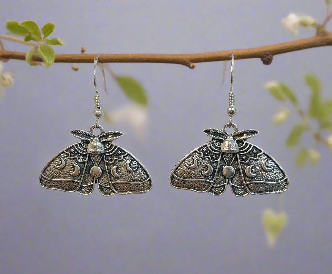 Silver Luna Moth Earrings | Antique Charm Statement Jewelry