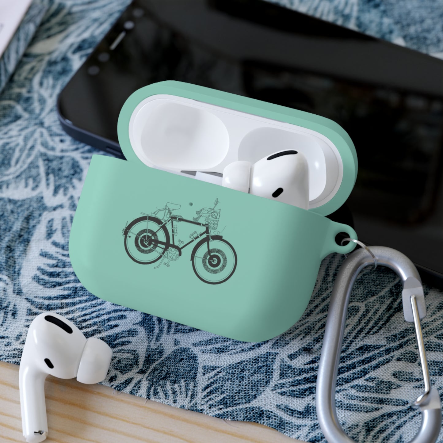 Custom AirPods Case Cover with Bicycle Design - Includes Carabiner