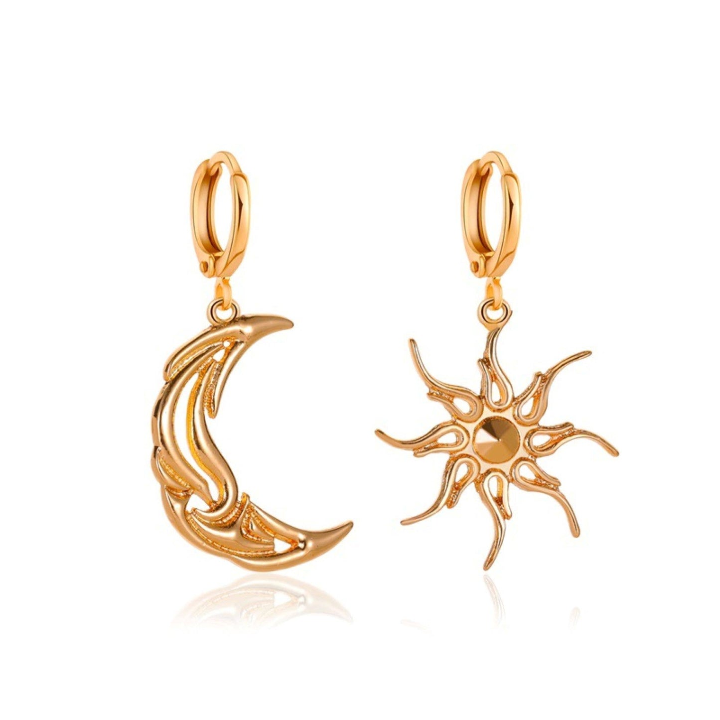 Gold Crescent Moon and Sun Huggie Earrings with celestial-inspired charms, lightweight and perfect for astrology lovers