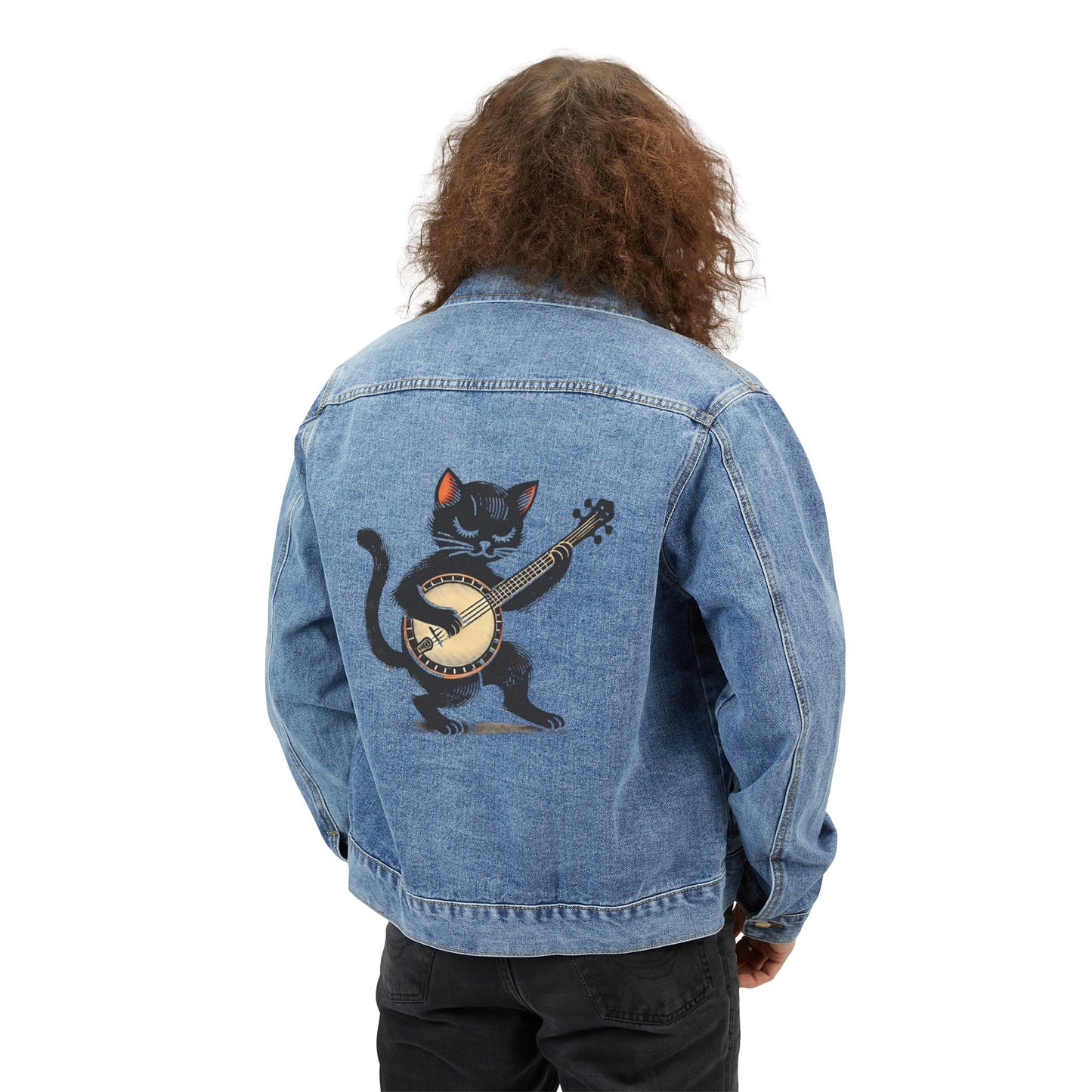 Banjo Cat - Men's Classic Denim Jacket - Relaxed Fit with Custom Graphic Design, Medium Wash