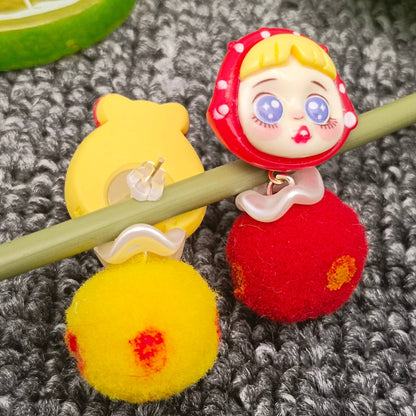 Quirky Doll Face & Pom-Pom Earrings – Fun and Playful Design