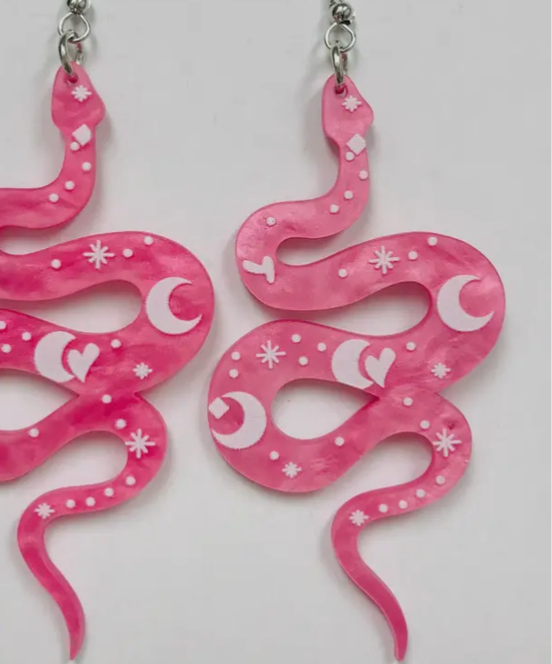 Acrylic Pink Luna Snake Earrings