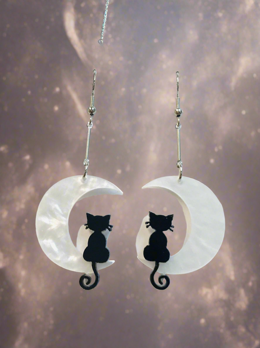 Black Cats Sit in the Moon Earrings – Halloween Jewelry for Cat Lovers