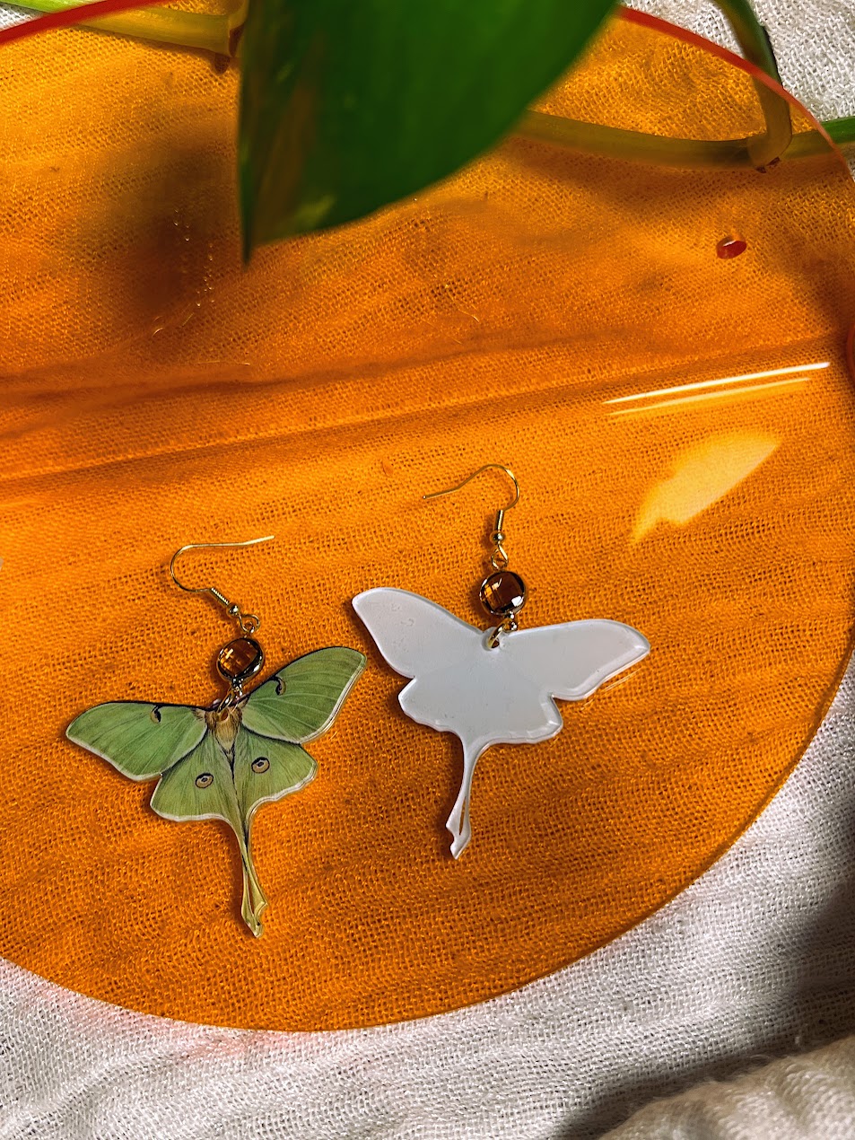 Luna Moth Earrings – Green Acrylic Butterfly Dangle Earrings with Gold Accents