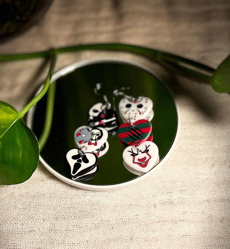 Acrylic Horror Heart Earrings | Halloween Horror Movie Jewelry