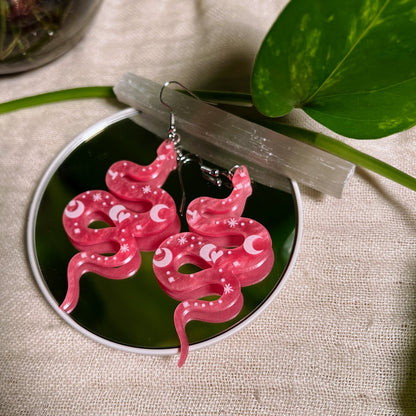 Acrylic Pink Luna Snake Earrings