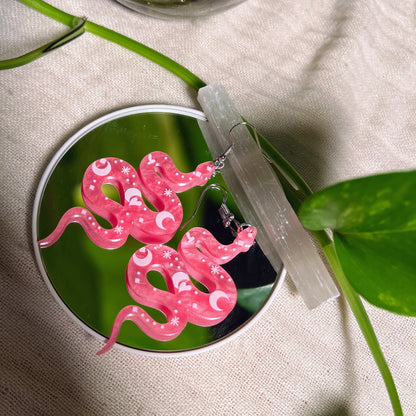 Acrylic Pink Luna Snake Earrings