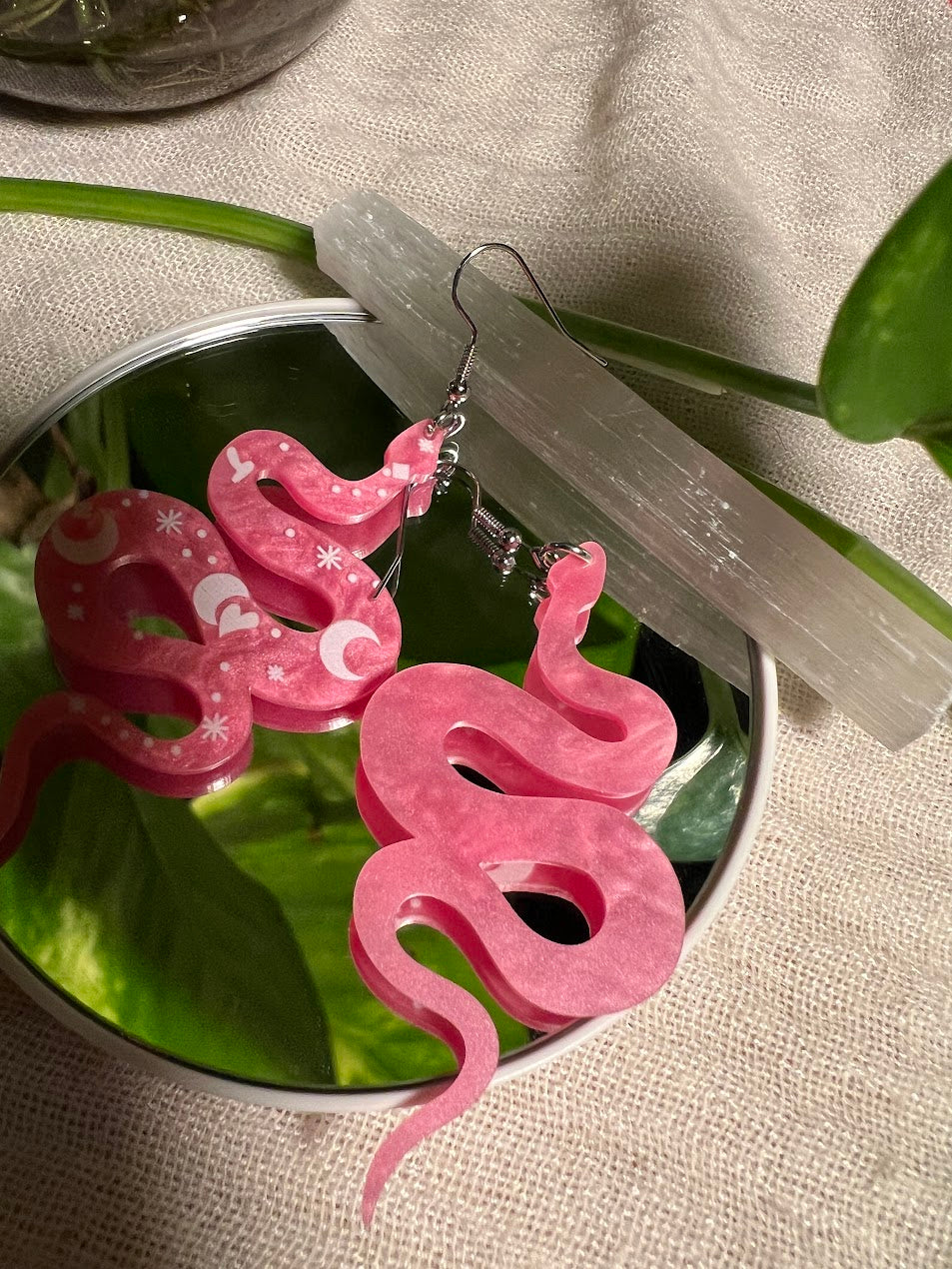 Acrylic Pink Luna Snake Earrings