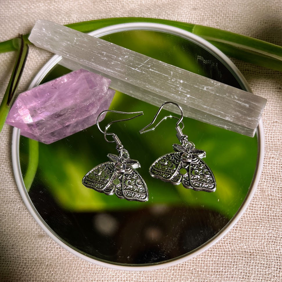 Silver Luna Moth Earrings | Antique Charm Statement Jewelry