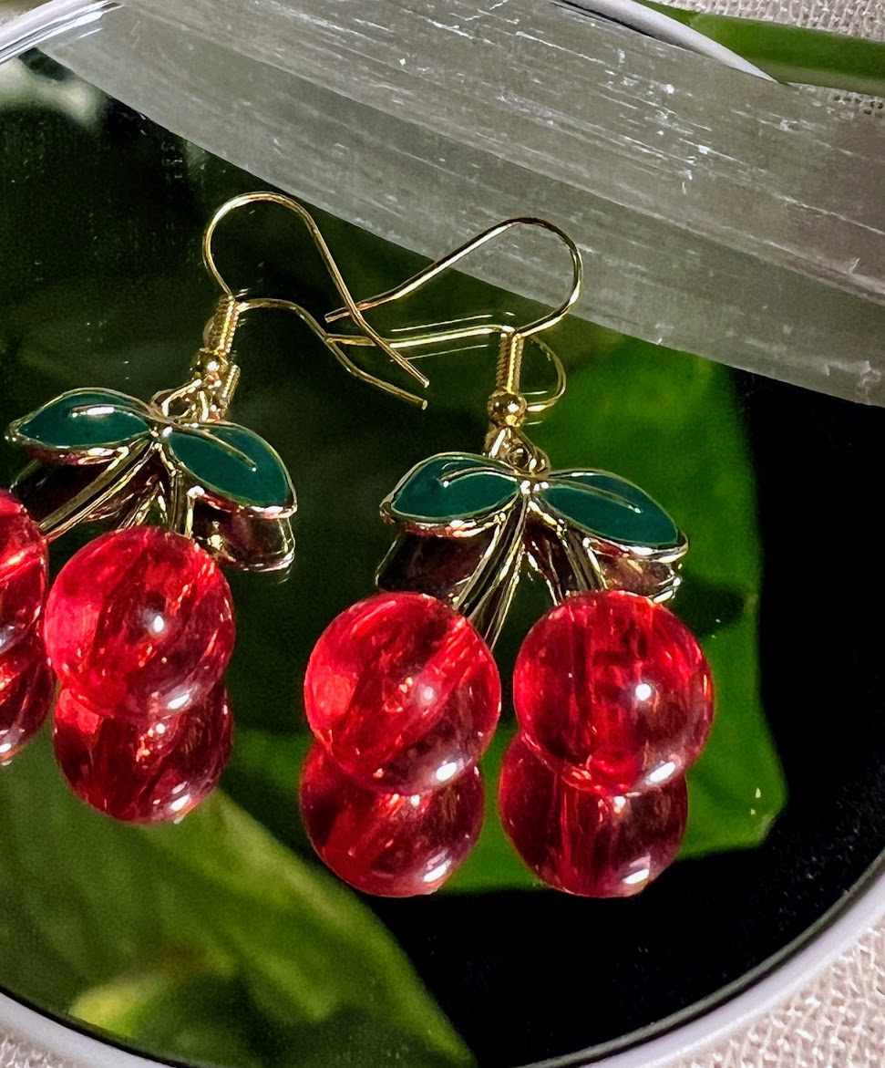 Acrylic Red Cherry Earrings | 1950s Rockabilly Kawaii Quirky Jewelry