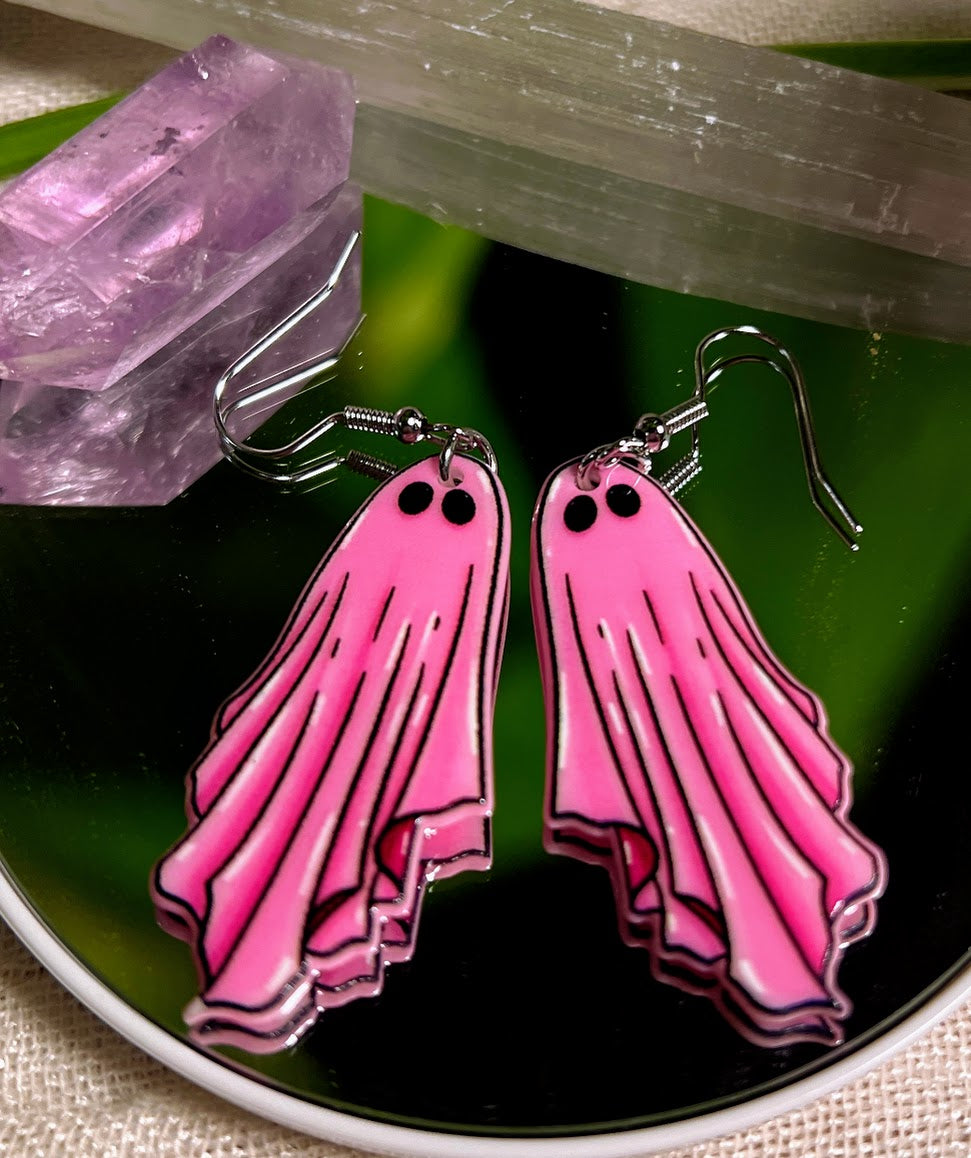 Pink Ghost Earrings - Cute Goth Kawaii Horror Jewelry, Halloween Special