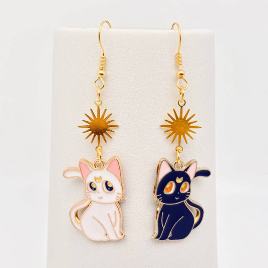 Moon Cat Earrings – Enamel Celestial Kitty Charms | Anime Inspired Cat Earrings