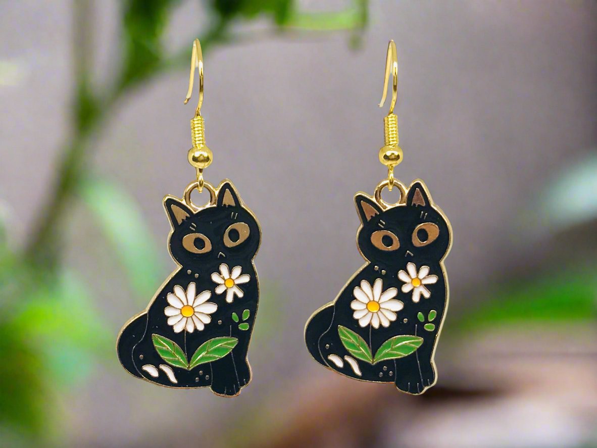 Flora Cat Earrings, Cute Cat In The Bush Jewelry, Enamel Cat Earrings