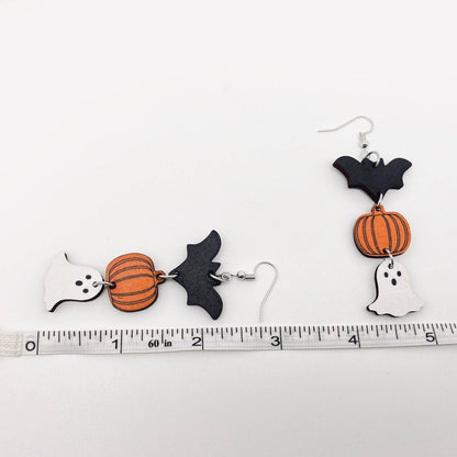 Halloween Bat, Pumpkin & Ghost Earrings – Wooden Nickel-Free Dangles