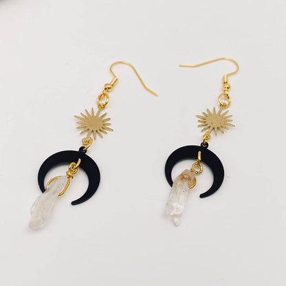 Black Moon & Crystal Stone Earrings – Bohemian Celestial Charm