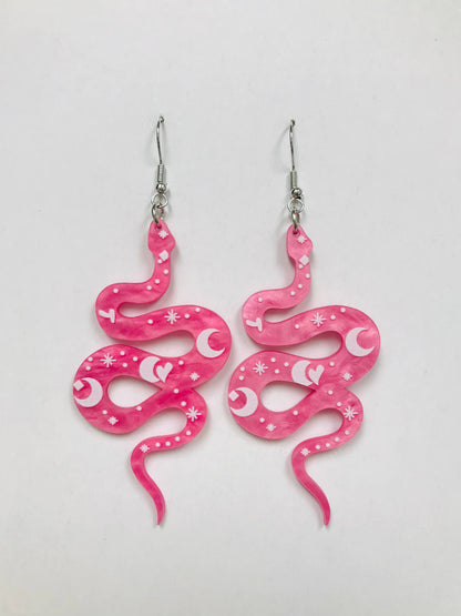 Acrylic Pink Luna Snake Earrings