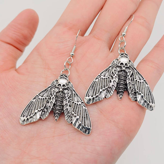 Gothic Skull Moth Earrings - Statement Dangle Jewelry