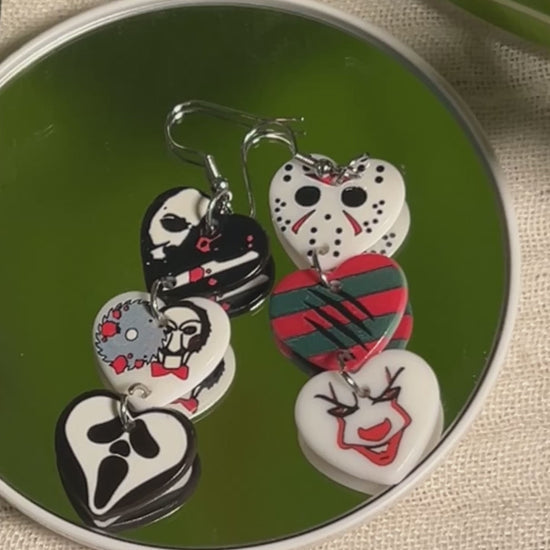 Acrylic Horror Heart Earrings with Freddy Krueger, Jason, Ghostface, and Pennywise
