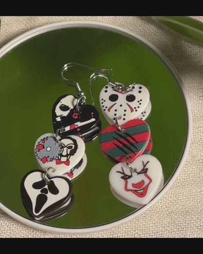 Acrylic Horror Heart Earrings with Freddy Krueger, Jason, Ghostface, and Pennywise
